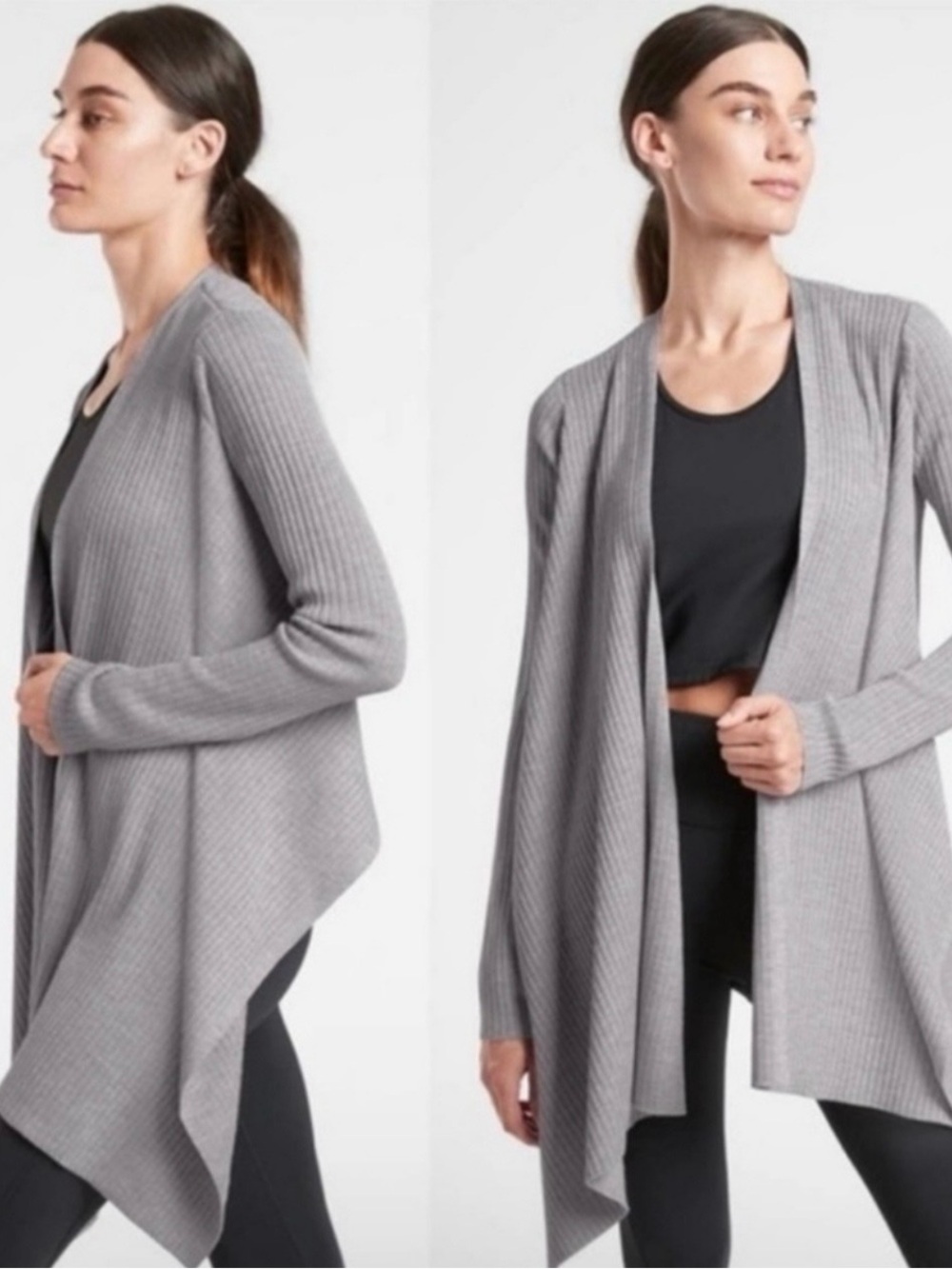 Athleta Solstice Wrap Ribbed Open-Front Cardigan Sweater S Gray Wool Blend